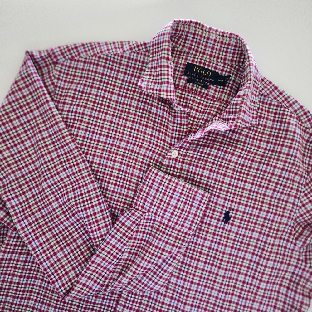 Polo Ralph Lauren Slim Fit pink‎ blue plaid button front long sleeve mens size M